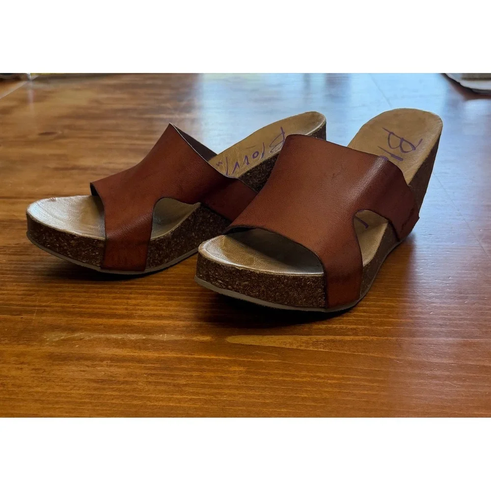 Blowfish Malibu Womens Brown Faux Leather Cork Wedge Platform Slide Sandals 8.5